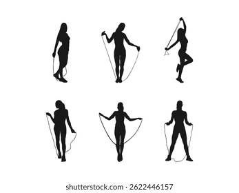 fit young woman skipping rope silhouette. Teen girl skipping with a jump rope vector. Fitness instructor sports exercise. A woman athlete skipping rope. Silhouettes isolated on a white background.