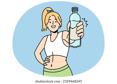 Fit young woman in sportswear recommend water drinking. Smiling toned female athlete follow healthy lifestyle. Sport and diet concept. Vector illustration.