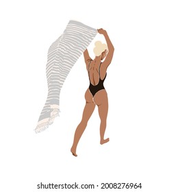 Fit Young Woman Walks On Beach. Female Wearing A Swimsuit. Blonde Tan Girl In Bikini. Abstract Vector Illustrations. Summer Trendy Simple Icons. Instagram Post, Business Advertisement, Flyer Design
