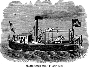 Fitch Steamboat was most famous for operating the first steamboat service in the United States, vintage line drawing or engraving illustration.