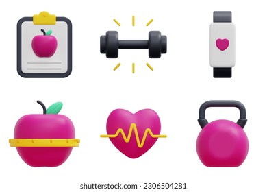 Fitness 3d vector icon set. Diet, dumbbell, fitness watch, healthy, heartbeat, kettlebell. Isolated on white background. 3d icon vector render illustration.