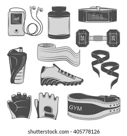 fitness accessories. concept. Vector illustration. gray icons.