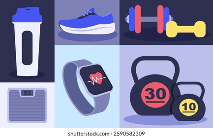 Fitness accessories and equipment promoting a healthy lifestyle, including running shoes, weights, shaker, smartwatch, and weight scale