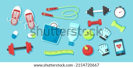 Fitness accessories vector icon, sport equipment top view, health exercise and workout. Cartoon illustration