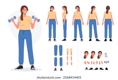 Fitness active girl wearing sport clothes. Character for animation. Front, side and back view set. Body parts, postures, poses collection. Vector illustration.