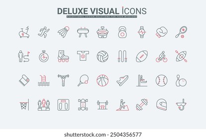 Fitness, active healthy lifestyle and equipment line icons set. Outdoor sport training and exercises in gym, yoga meditation and bodybuilding thin black and red outline symbols vector illustration