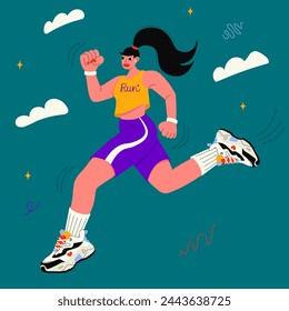  Fitness active woman retro cartoon character sportsman in sportswear running trying to be first. Vector flat illustration in groovy style. 80s nostalgia. Active lifestyle and running concept.