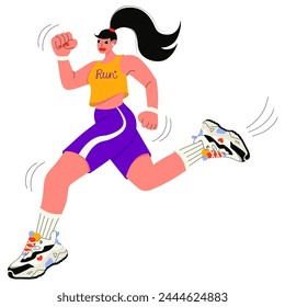  Fitness active woman retro cartoon character in sportswear running trying to be first. Vector flat illustration isolated on transparent background. Groovy style. Active lifestyle and running concept.