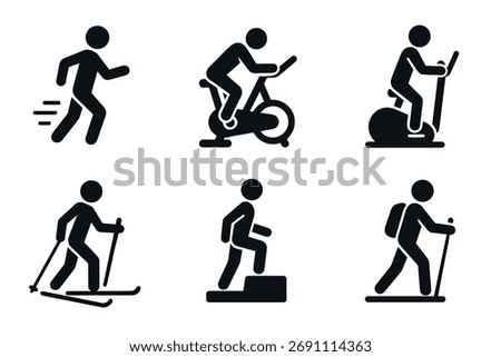 Fitness activities icon set. Vector black symbols of running, cycling, and training glyph illustrations