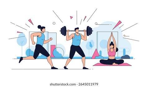 Fitness Activities Running Weightlifting and Yoga for Healthy Lifestyle and Wellness Practices