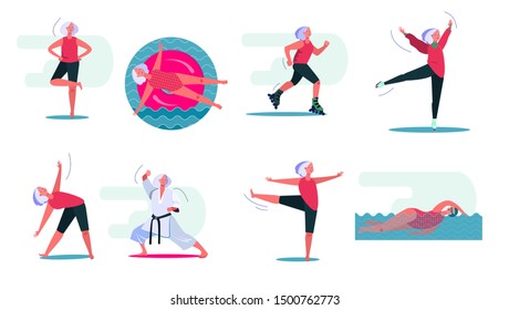 Fitness activities set. Woman swimming in pool, doing yoga, roller skating. People concept. Vector illustration for topics like leisure, movement, active lifestyle