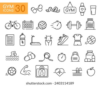 Fitness Activities Thin Line Icons. Containing healthy lifestyle, weight training, body care and workout or exercise equipment icons. Fitness and sport