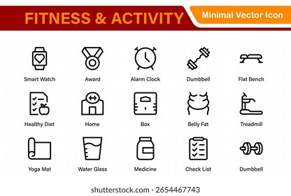 Fitness and activity icon set. Collection of strength training, cardio, stretching, sports ball, stopwatch, and nutrition line icons.