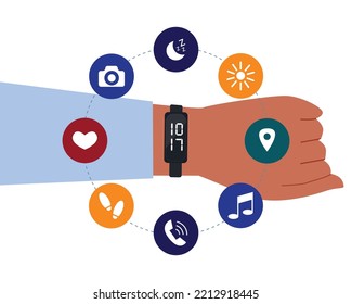 Fitness or activity tracker infographics, flat vector illustration isolated on white background. Icons of smart watch features - sleep tracker, weather, music and heart rate. Digital watch on hand.