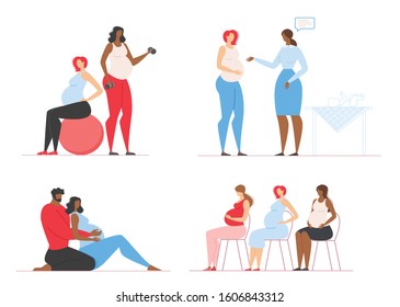 Fitness and Advisory Classes for Pregnant, Consultative Parenting Courses for Future Parents Expecting Vector Illustration