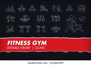 Fitness Aerobic Exercise, Ballroom Dancing, Gym Element Linear Icon Symbol Collection Set. Health And Wellness. Editable Stroke Line