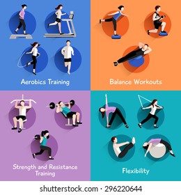 Fitness aerobic strength and body shaping exercises 4 flat icons square composition banner abstract isolated vector illustration