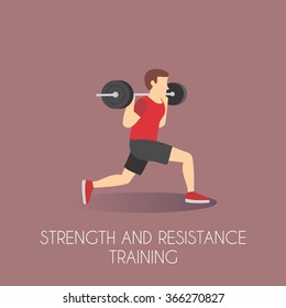 Fitness aerobic strength and body shaping exercises. Man Strength and Resistance  training. vector illustration.