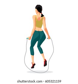 Fitness aerobic strength and body shaping exercises. Woman jumping rope. Back view. Flat cartoon isolated vector illustration