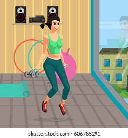 Fitness aerobic strength and body shaping exercises. Woman jumping rope in a gym. Flat cartoon vector illustration