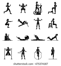 Fitness, Aerobic  and workout exercise in gym. Vector set of gym icons in flat style isolated on white background. People in gym. Gym equipment, dumbbell, weights, treadmill, ball.