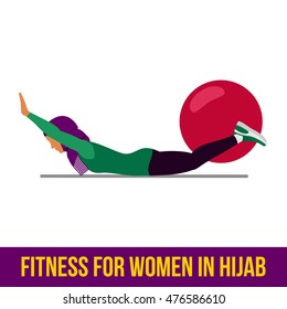 Fitness, Aerobic, workout and exercise in gym. Vector set of gym icons in flat style isolated on white background. Muslim woman in hijab