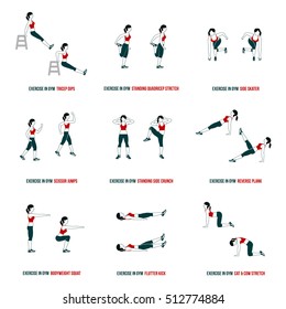 Fitness, Aerobic and workout exercise in gym. Vector set of workout icons in flat style isolated on white background.