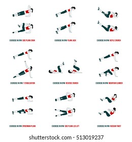 Fitness, Aerobic and workout exercise in gym. Vector set of workout icons in flat style isolated on white background.