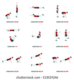 Fitness, Aerobic and workout exercise in gym. Vector set of workout icons in flat style isolated on white background.