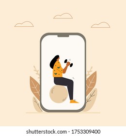 Fitness app concept with illustration of young woman doing workouts and exercises. Young African girl doing sports activities. Vector illustration for gym app.