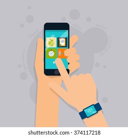 Fitness app concept on touchscreen. Mobile phone and tracker on the wrist. Flat style vector illustration.