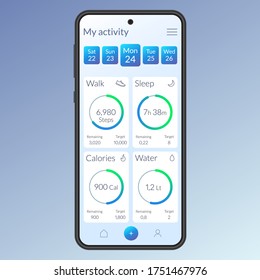 Fitness app design. Ui and Ux design with health analytics. Mobile phone dashboard. Activity smartphone screen with walk, sleep, calories and water icons and diagrams. Vector illustration.