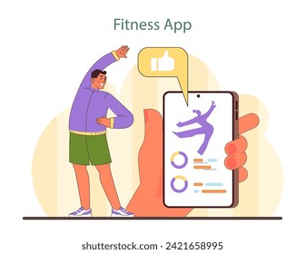 Fitness App illustration. Man achieves fitness goals with a smartphone app, symbolizing modern health and technology integration. Perfect for digital workout solutions. Flat vector illustration.