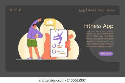 Fitness App illustration. Man achieves fitness goals with a smartphone app, symbolizing modern health and technology integration. Perfect for digital workout solutions. Flat vector illustration.