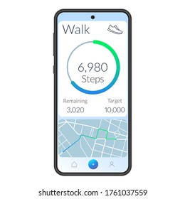 Fitness App Interface With Running Or Walk Steps Counter On The Mobile Phone Screen. Ui And Ux Design For Health Analytics. Activity Dashboard With Walking Tracker On The Smartphone. Vector Illustrati