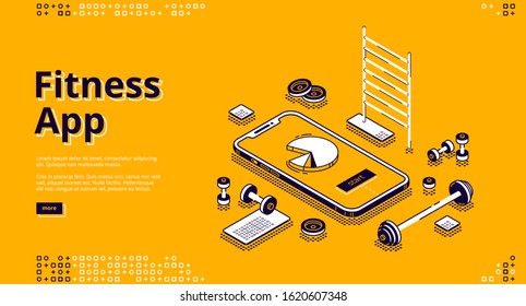 Fitness app isometric landing page. Gym equipment around huge smartphone with pie chart on screen, workout training application on yellow background, 3d vector illustration, line art style, web banner