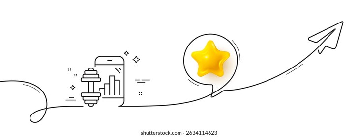 Icono de línea de App de fitness. Línea continua con plano compartido. Signo de la aplicación de entrenamiento. Símbolo de mancuerna en forma de gimnasio. Estrella 3D en la burbuja del discurso. Cinta de una sola línea de App de fitness. Patrón de curva de bucle. Vector