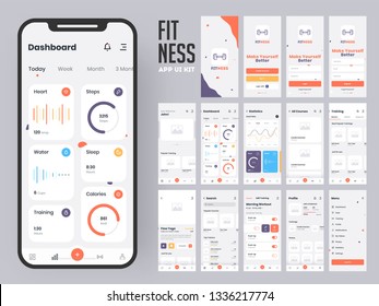 Fitness App Material Design With Flat Ui Web Screens Including Sign In, Create Profile, Workout And Statistics Features For Mobile Apps And Responsive Website.