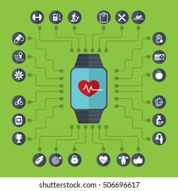 Fitness app on the smart watch. Flat modern design. EPS10 Vector illustration.