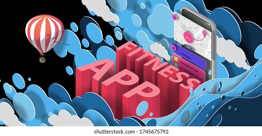 Fitness App On Your Phone Screen And Paper Cut Clouds. Vector Banner