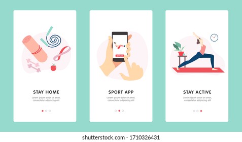 Fitness app onboarding screens, banner template design. Vector flat cartoon illustration