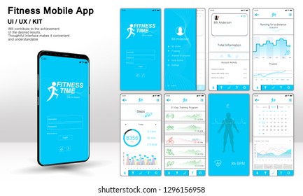 Fitness App Screens, Template ready application UI / UX / KIT . Mock up Mobile app. Entry menu, data analysis, choice of training program. Fitness interface design for mobile application