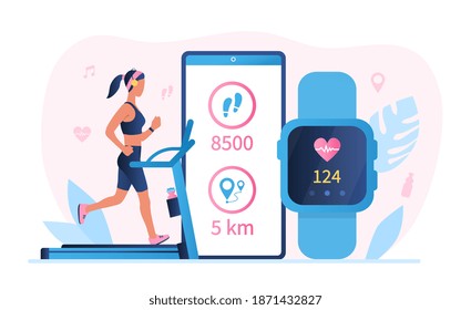 Fitness app and smartwatch app technology abstract concept. Fit girl running on a treadmill. Woman working out. Active healthy lifestyle and fitness training. Flat cartoon modern vector illustration