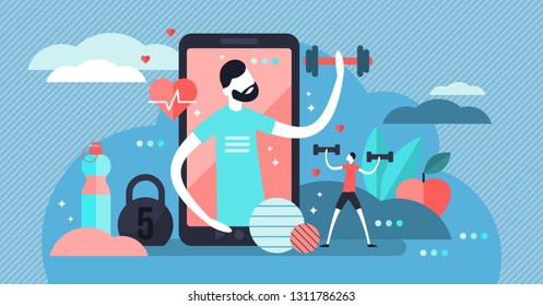 Fitness App Vector Illustration. Flat Tiny Virtual Sports Person Concept. Healthy Exercise Without Gym. Personal Training With Modern Mobile Technology. Workout Application With Heart Pulse And Couch.