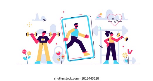 Fitness app vector illustration. Flat tiny virtual sports person concept. Healthy exercise without gym. Personal training with modern mobile technology. Workout application with heart pulse and couch.