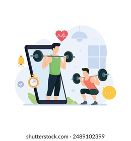 Fitness app vector illustration. Workout application training with modern mobile technology