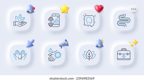 Fitness app, Wash hand and First aid line icons. Buttons with 3d bell, chat speech, cursor. Pack of Head, Organic tested, Intestine icon. Wash hands, Organic product pictogram. Vector