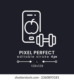 Fitness app white linear desktop icon on black. Personal training. Weight loss. Activity tracker. Pixel perfect 128x128, outline 4px. Isolated user interface symbol for dark theme. Editable stroke