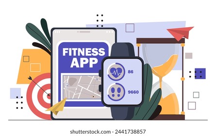 Fitness application concept. Active lifestyle and sports. Fitness and workout. Information and statistics for athlete and sportsman. Gadget and device. Cartoon flat vector illustration