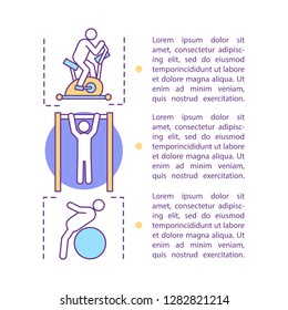 Fitness article page vector template. Healthy lifestyle. Physical activities, exercises. Training and workout. Brochure, magazine, booklet design with text boxes. Print design. Concept illustration